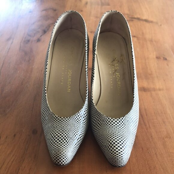 Rare Vintage Charles Jourdan Leather Pumps Black & Ivory Pattern Sz‎ 6 - EUC - Picture 2 of 14